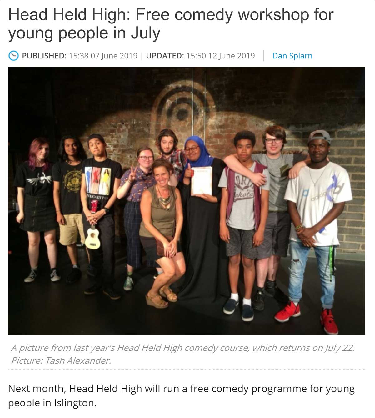 Head Held High in the Islington Gazette newspaper on 7 June 2019